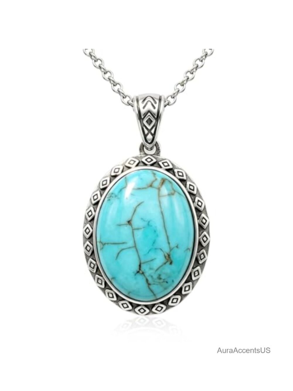 925 Sterling Silver Oval Turquoise Pendant Necklace Boho Southwestern